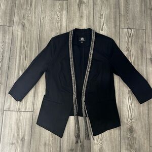 Y2K Black Open Front Jacket with Beaded Fringe Trim